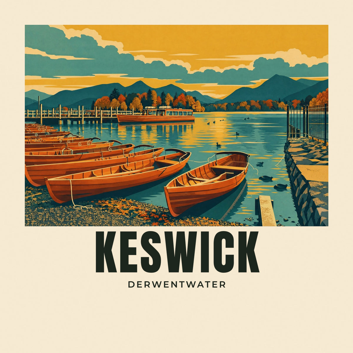 The printed design on the Derwentwater, Keswick tote, close up