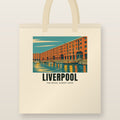 The Royal Albert Dock, Liverpool Tote Bag: natural cotton tote printed with our drawing of The Royal Albert Dock and the name LIVERPOOL