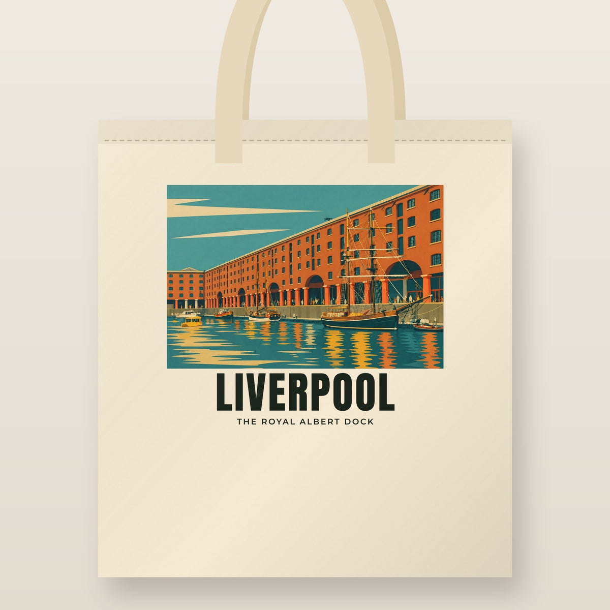 The Royal Albert Dock, Liverpool Tote Bag: natural cotton tote printed with our drawing of The Royal Albert Dock and the name LIVERPOOL