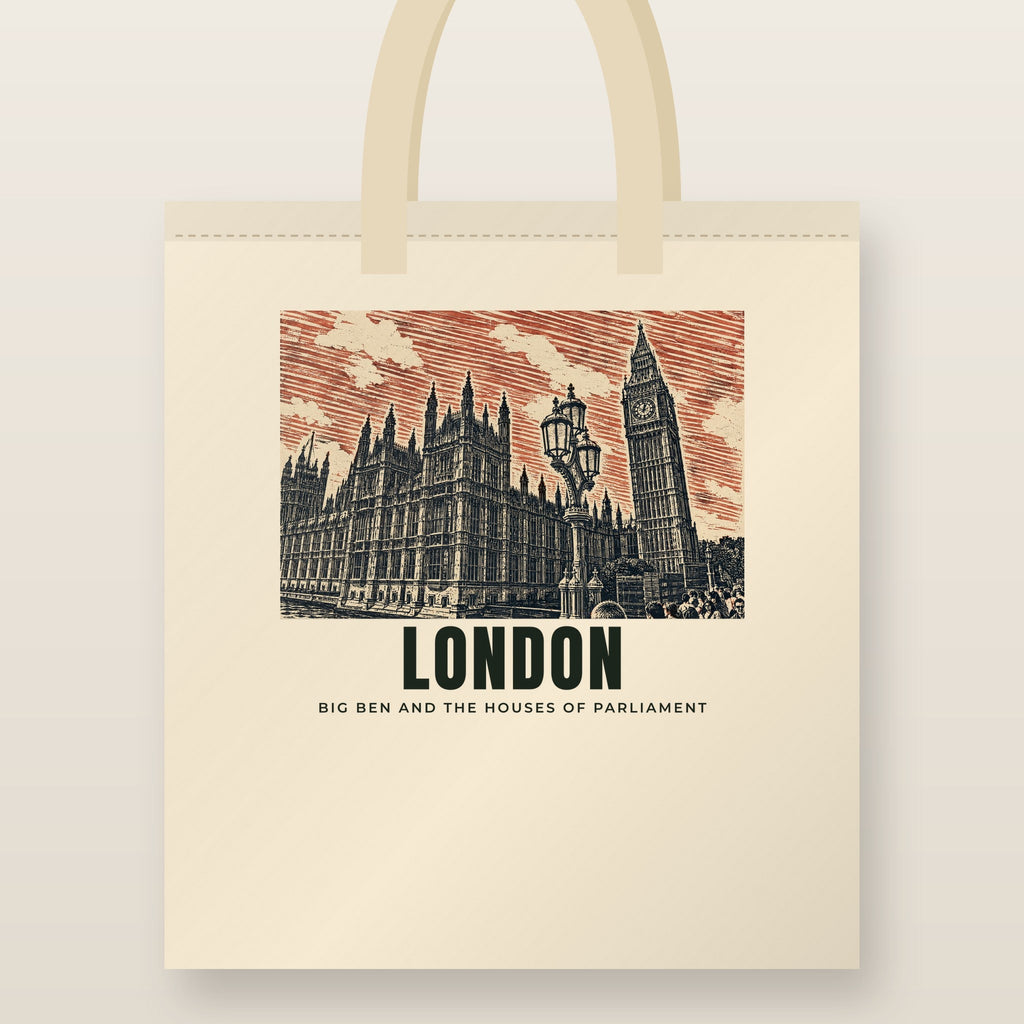 Big Ben and the Houses of Parliament, London Tote Bag: natural cotton tote printed with our drawing of Big Ben and the Houses of Parliament and the name LONDON