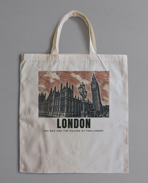 Big Ben and the Houses of Parliament, London Tote Bag laid flat: natural cotton tote printed with our drawing of Big Ben and the Houses of Parliament, London