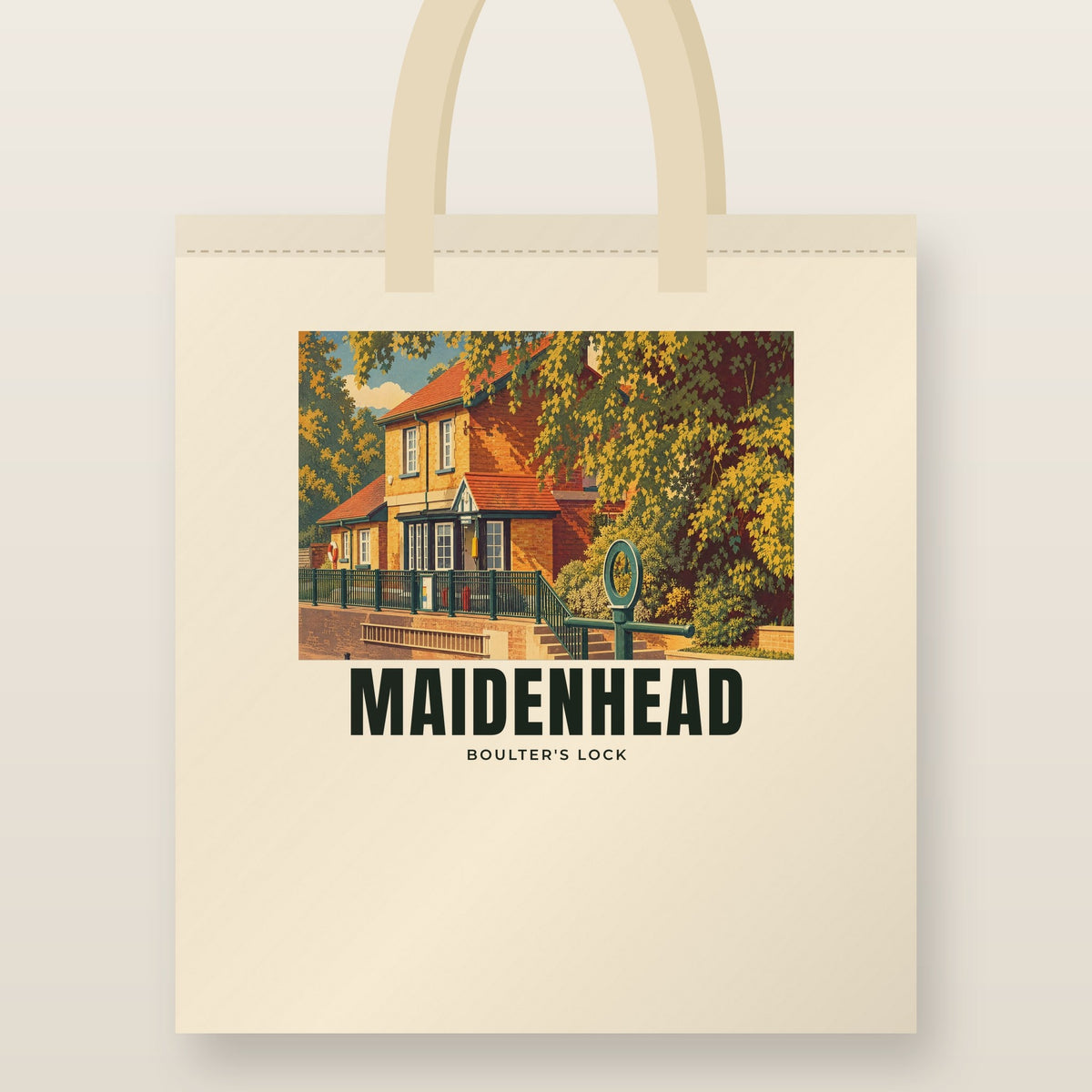 Boulter's Lock, Maidenhead Tote Bag: natural cotton tote printed with our drawing of Boulter's Lock and the name MAIDENHEAD