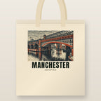 Castlefield, Manchester Tote Bag: natural cotton tote printed with our drawing of Castlefield and the name MANCHESTER