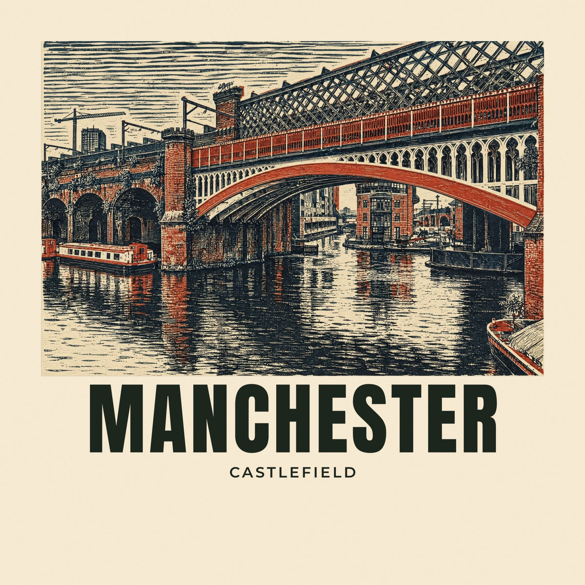 The printed design on the Castlefield, Manchester tote, close up
