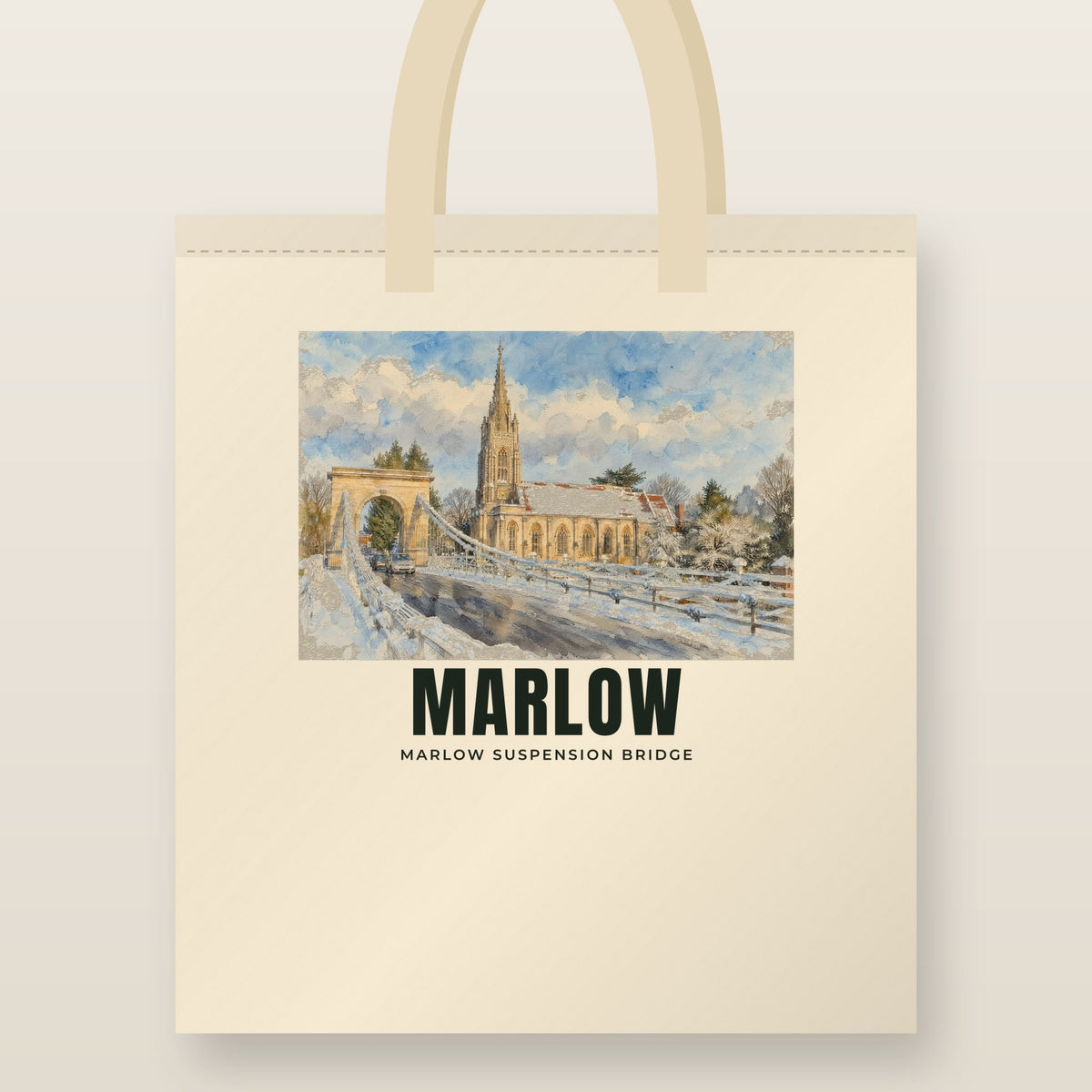 Marlow Suspension Bridge Tote Bag: natural cotton tote printed with our drawing of Marlow Suspension Bridge and the name MARLOW