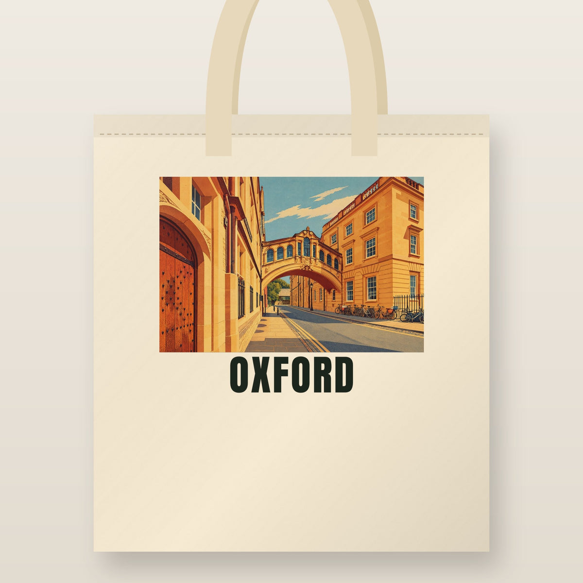 Oxford Tote Bag: natural cotton tote printed with our drawing of Oxford and the name OXFORD