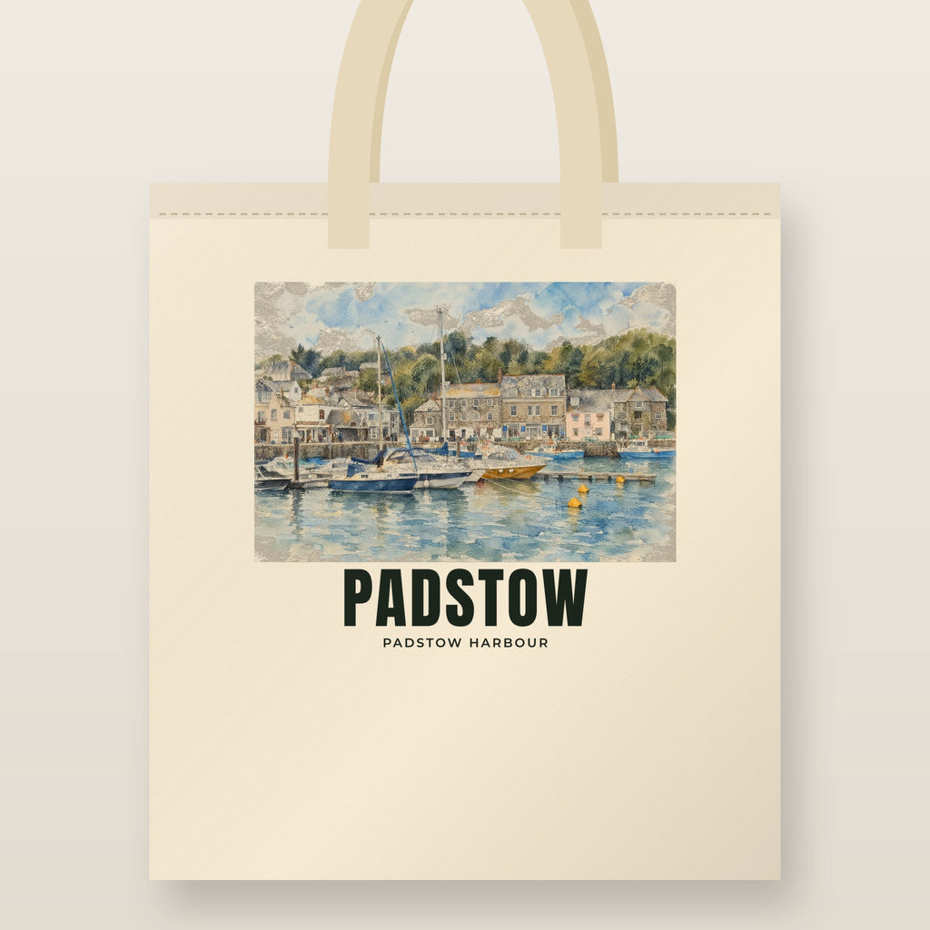 Padstow Harbour Tote Bag: natural cotton tote printed with our drawing of Padstow Harbour and the name PADSTOW