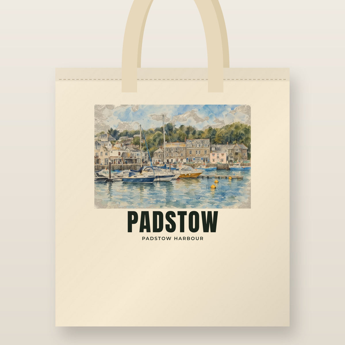 Padstow Harbour Tote Bag: natural cotton tote printed with our drawing of Padstow Harbour and the name PADSTOW