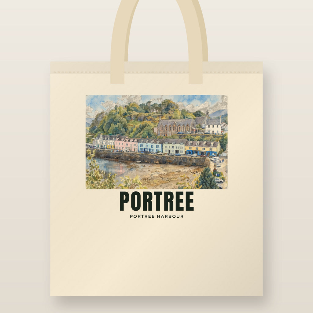 Portree Harbour Tote Bag: natural cotton tote printed with our drawing of Portree Harbour and the name PORTREE