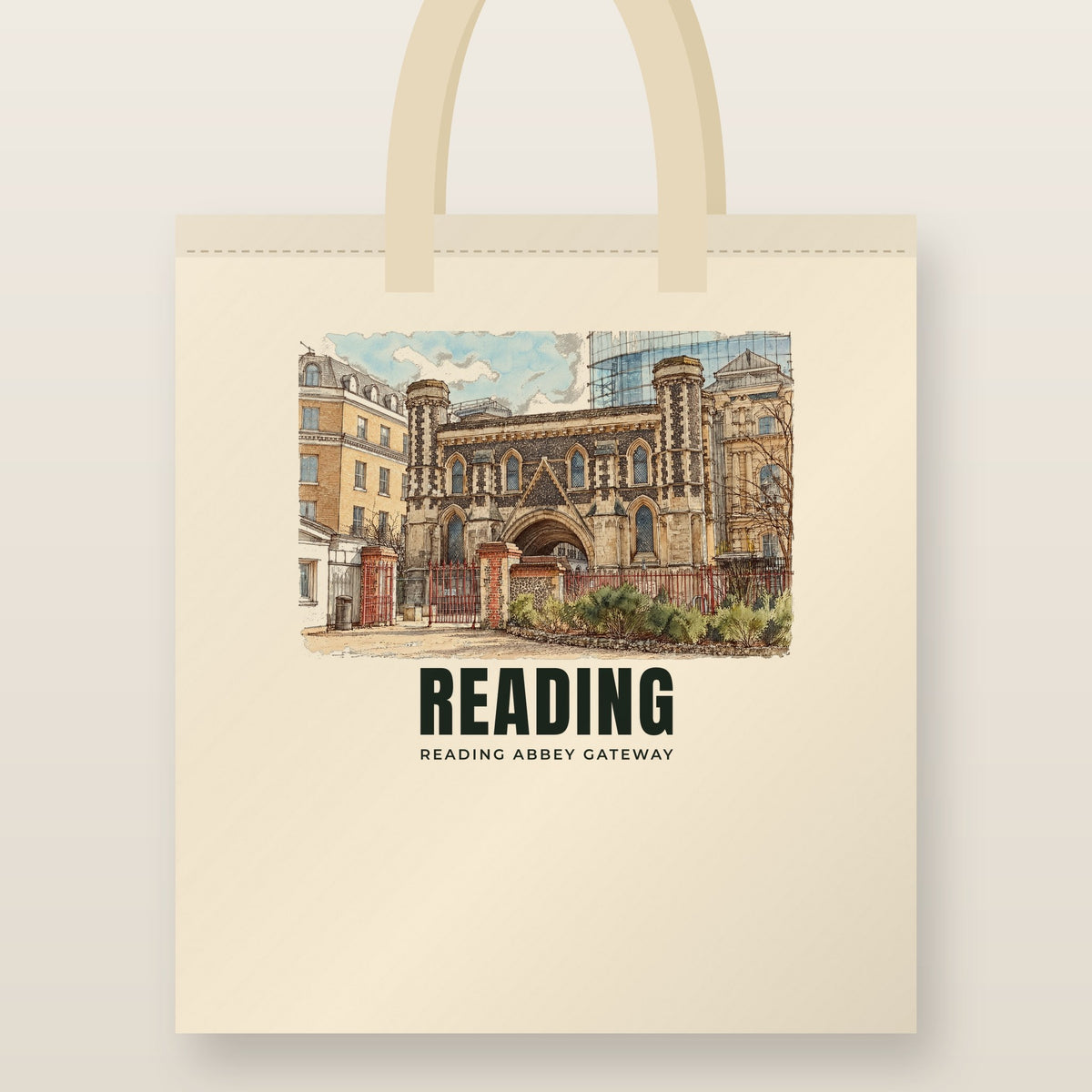 Reading Abbey Gateway Tote Bag: natural cotton tote printed with our drawing of Reading Abbey Gateway and the name READING