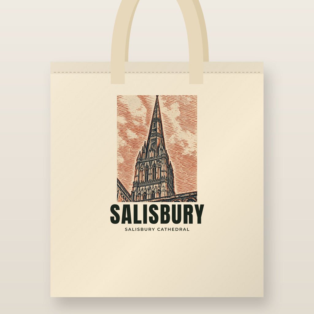 Salisbury Cathedral Tote Bag: natural cotton tote printed with our drawing of Salisbury Cathedral and the name SALISBURY