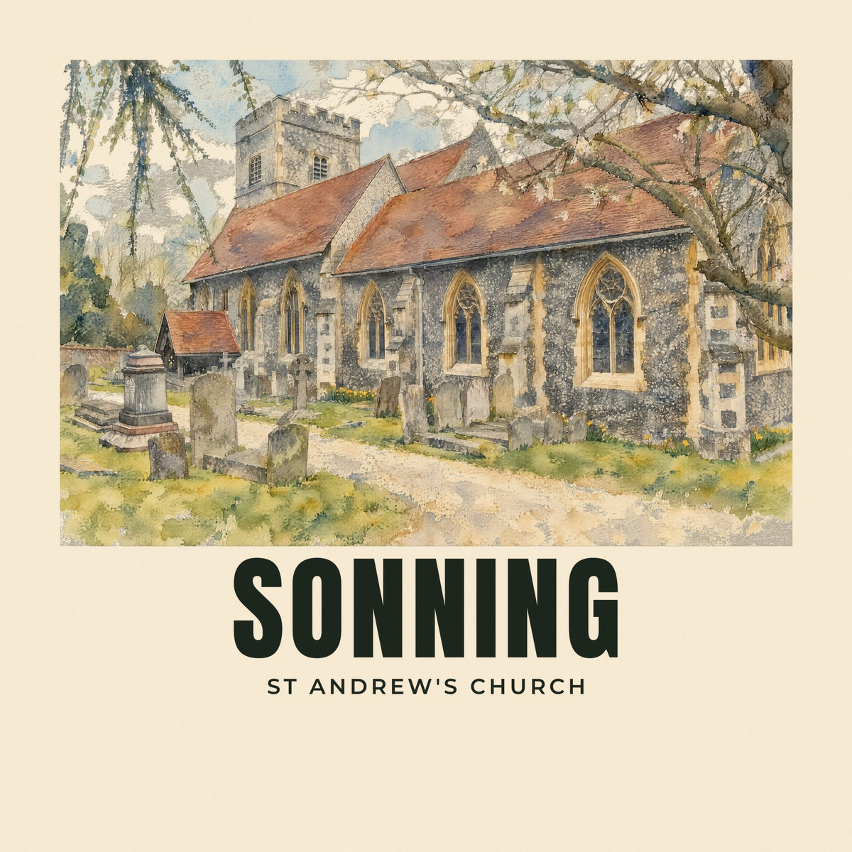 The printed design on the St Andrew's Church, Sonning tote, close up