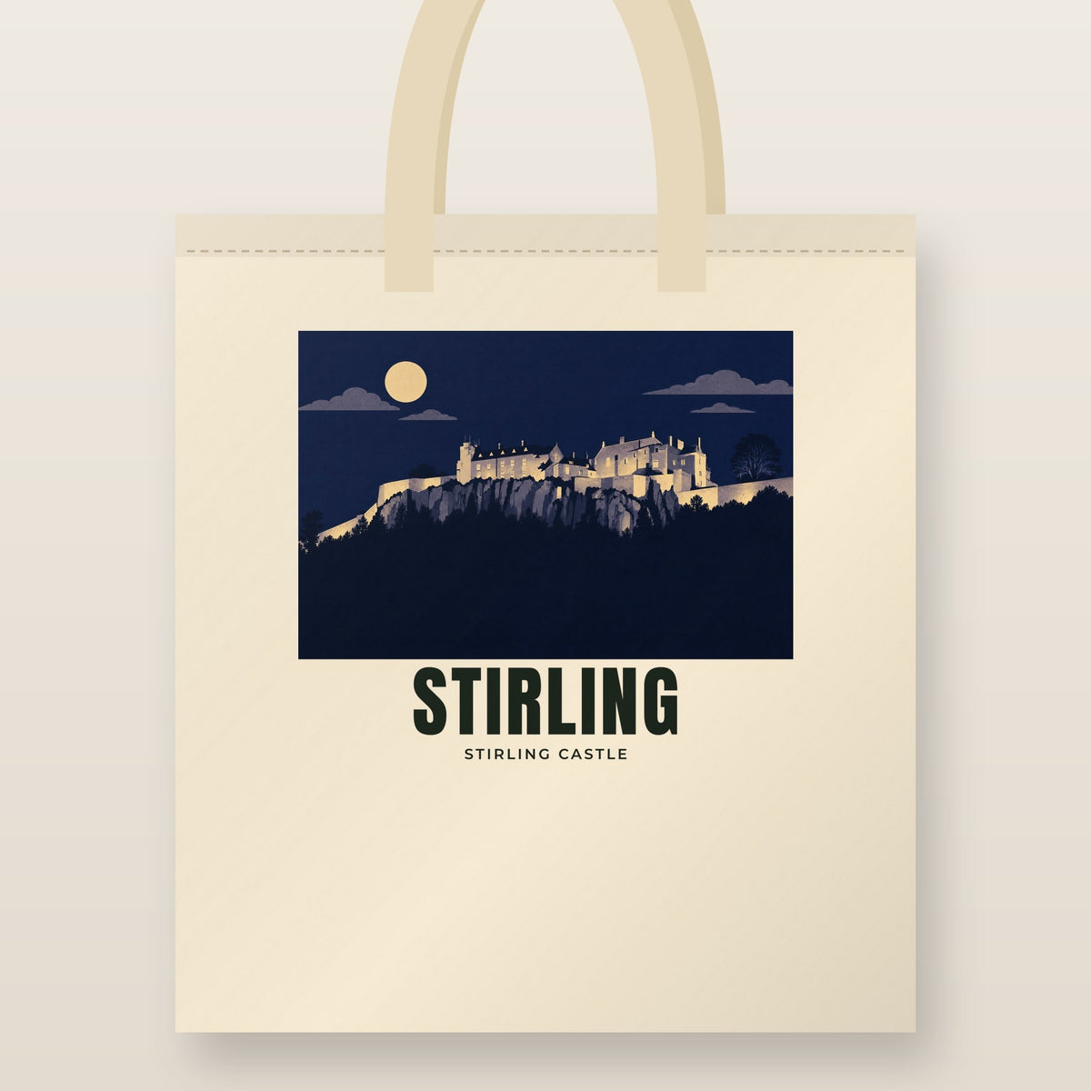 Stirling Castle Tote Bag: natural cotton tote printed with our drawing of Stirling Castle and the name STIRLING