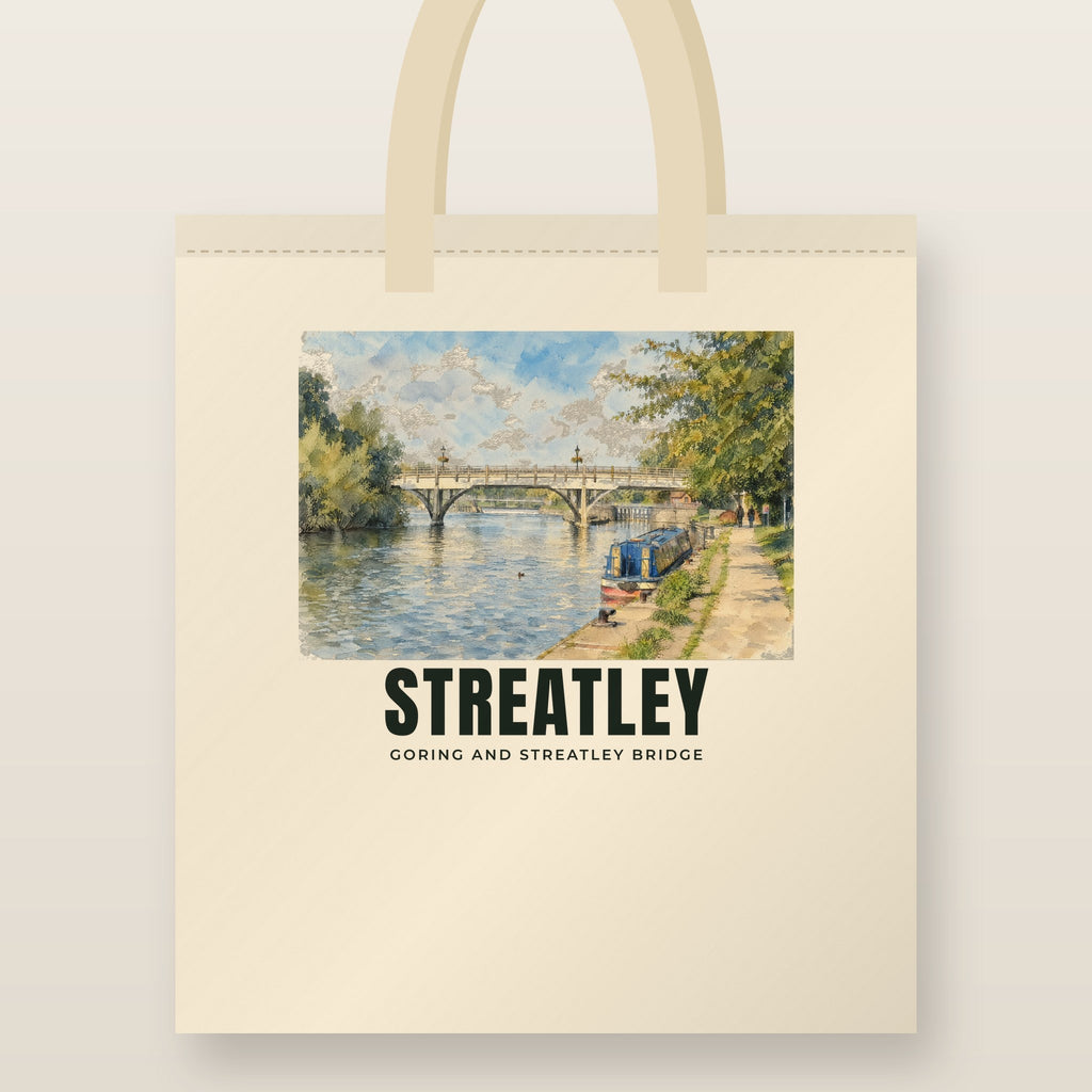 Goring and Streatley Bridge Tote Bag: natural cotton tote printed with our drawing of Goring and Streatley Bridge and the name STREATLEY