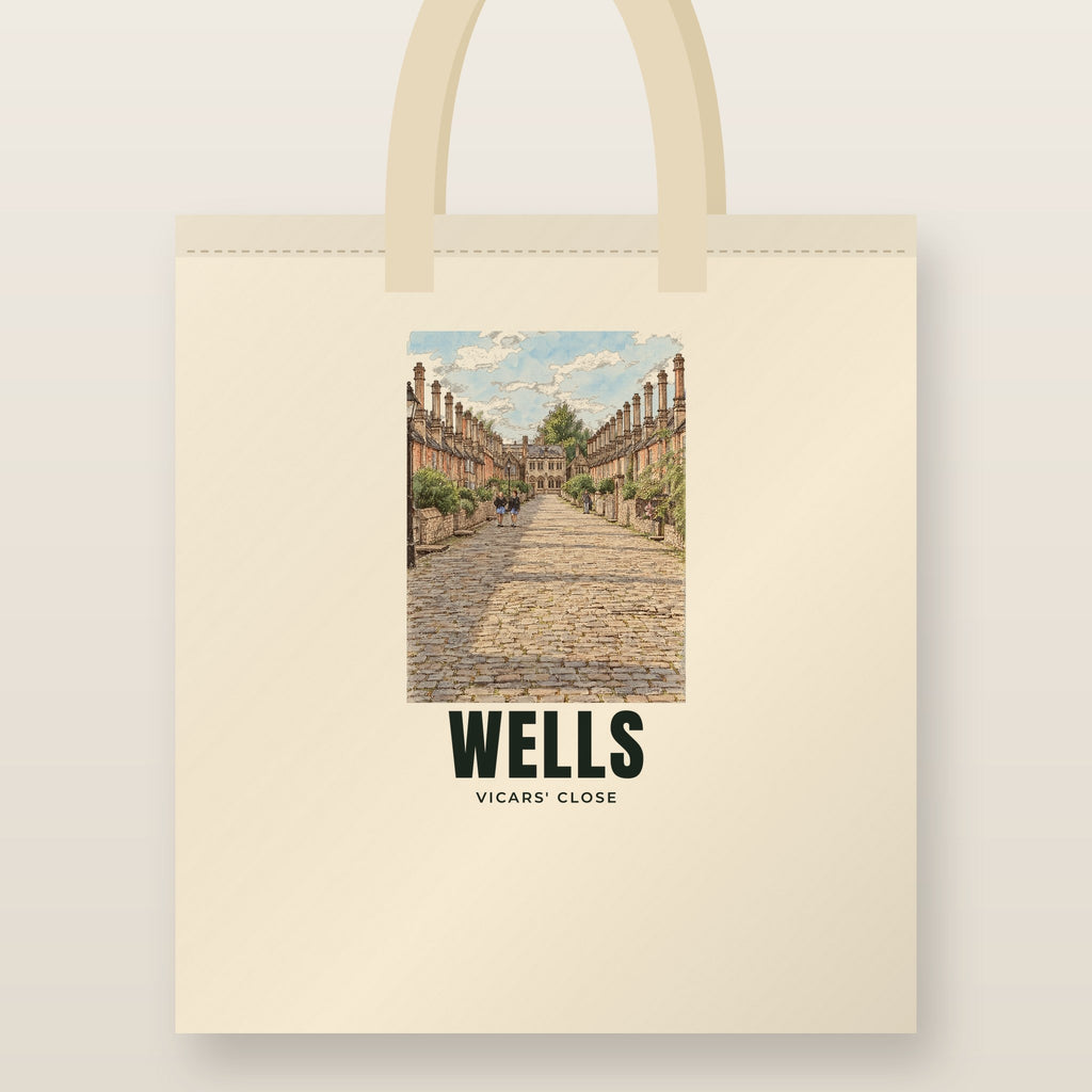 Vicars' Close, Wells Tote Bag: natural cotton tote printed with our drawing of Vicars' Close and the name WELLS