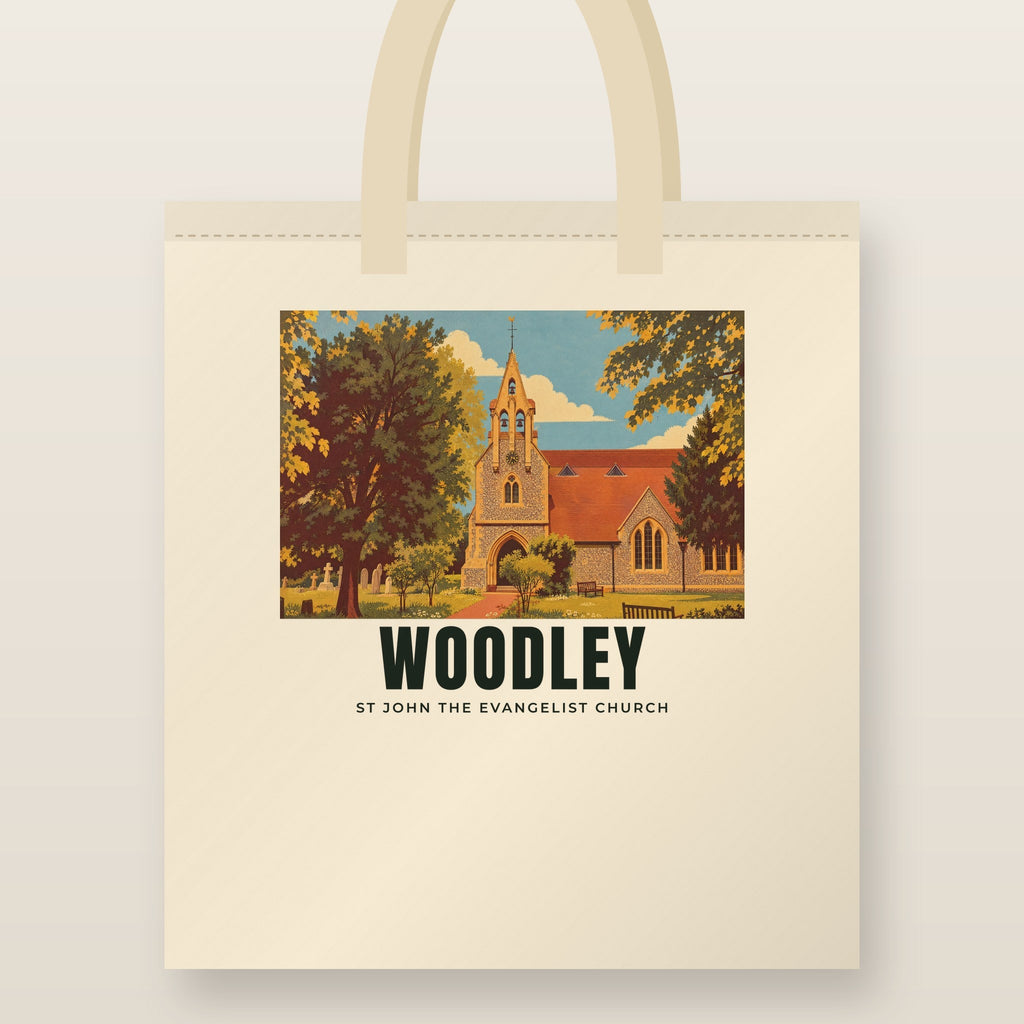 St John the Evangelist Church, Woodley Tote Bag: natural cotton tote printed with our drawing of St John the Evangelist Church and the name WOODLEY