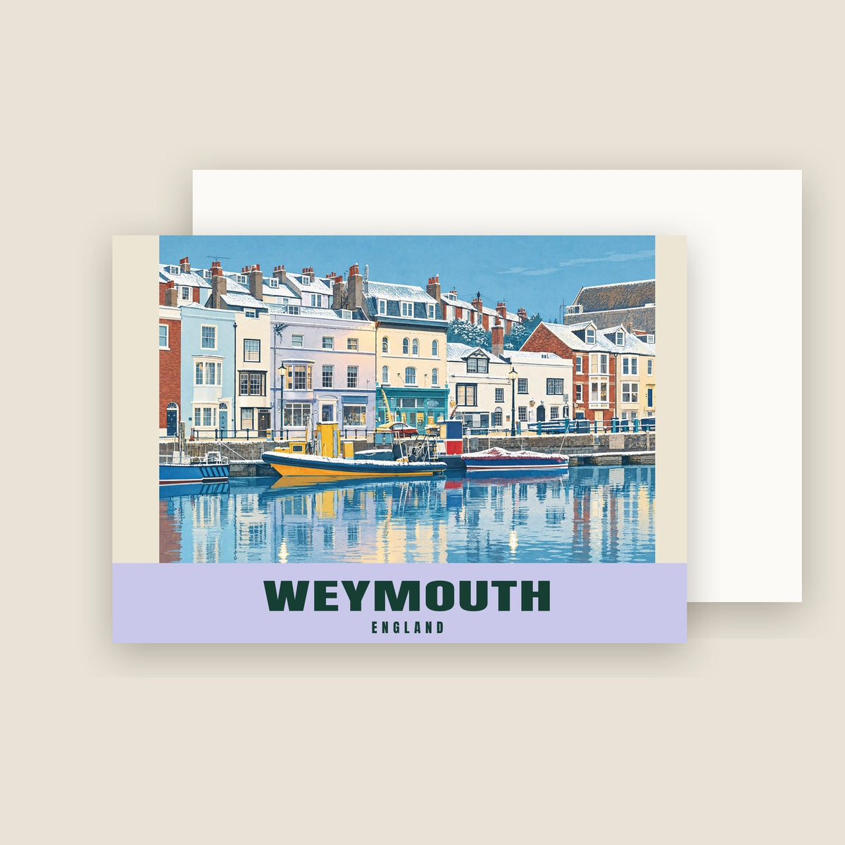 Weymouth Harbour winter Christmas card with its envelope