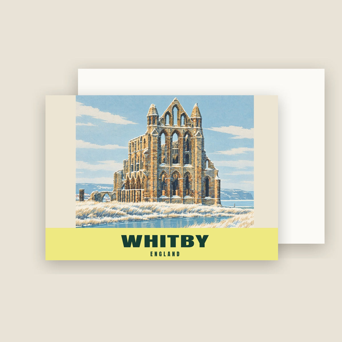 Whitby Abbey winter Christmas card with its envelope