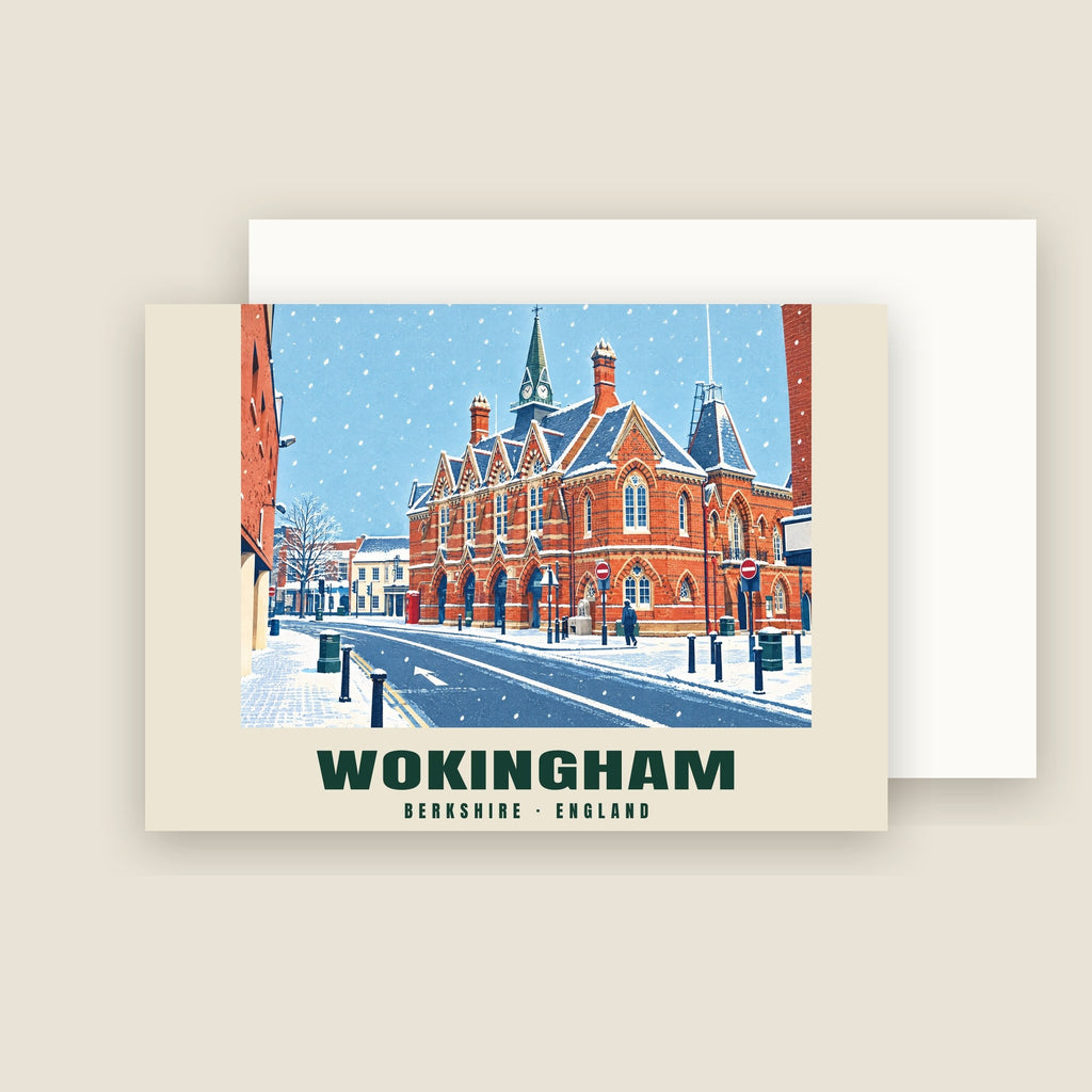 Town Hall, Wokingham winter Christmas card with its envelope