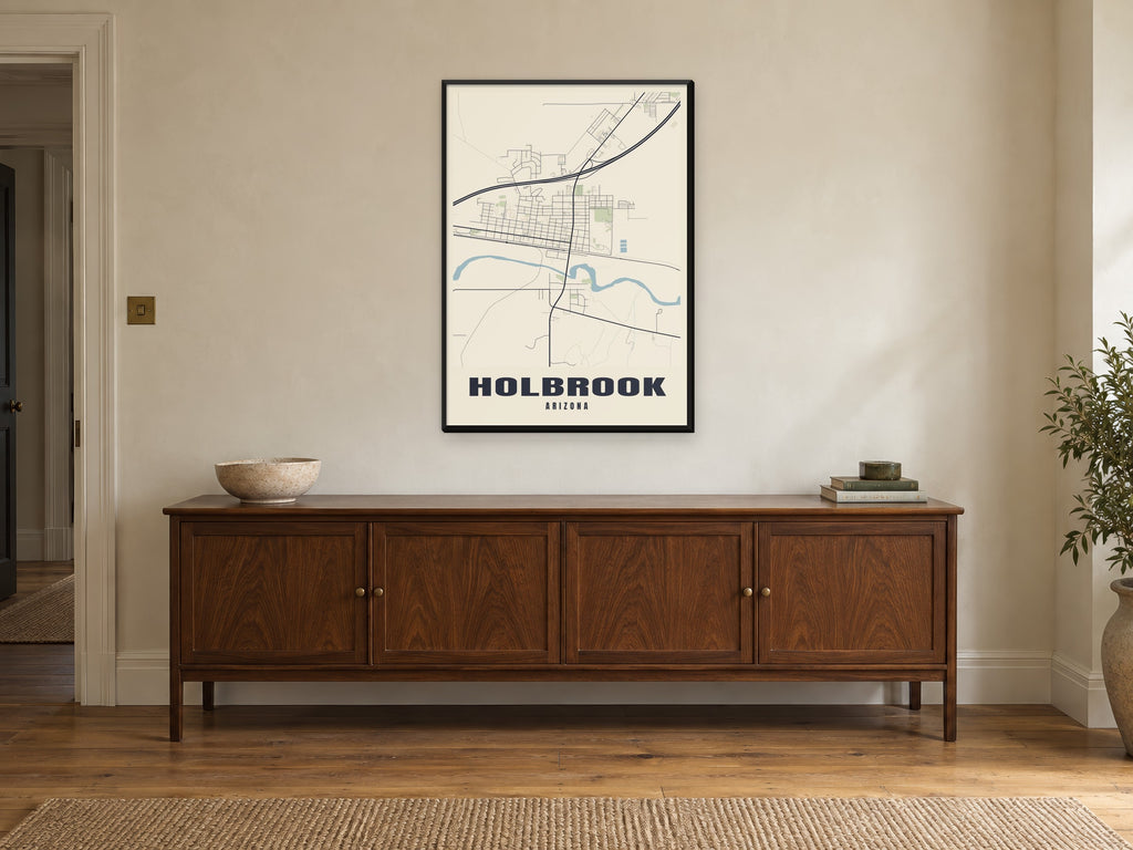 Holbrook Street Map Poster at A1, in a black frame, above a sideboard