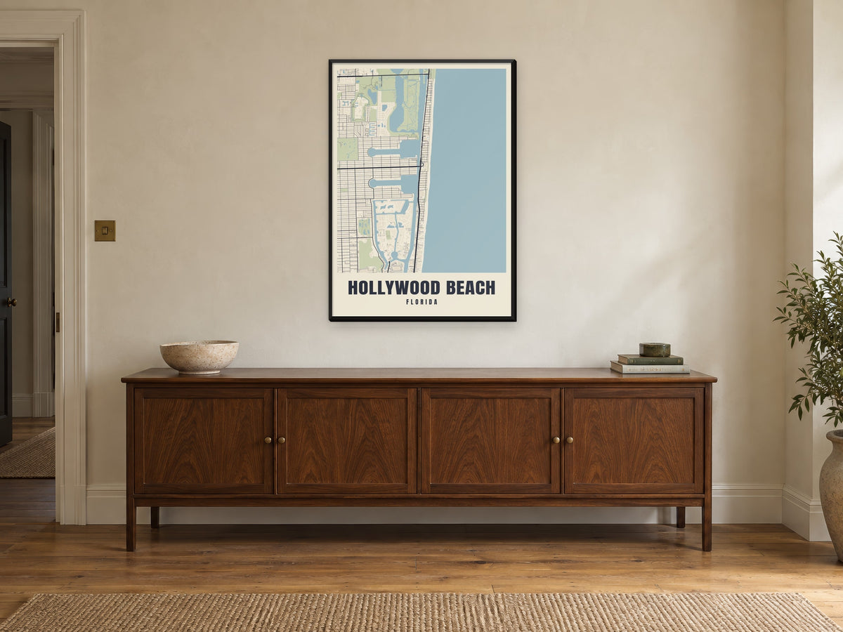 Hollywood Beach Street Map Poster at A1, in a black frame, above a sideboard