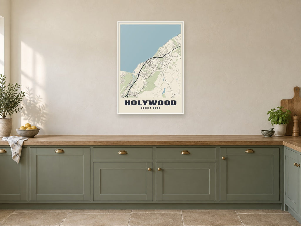 Holywood Street Map Poster at A1, in a white frame, in a kitchen