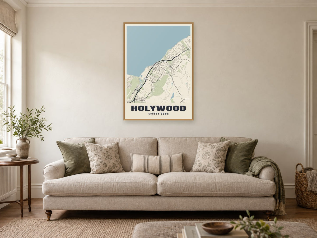 Holywood Street Map Poster at A1, in a natural wood frame, in a sitting room