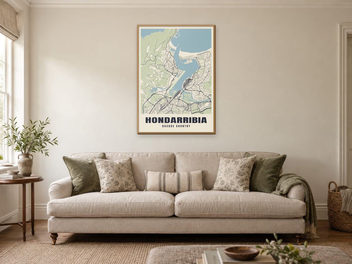 Hondarribia Street Map Poster at A1, in a natural wood frame, in a sitting room