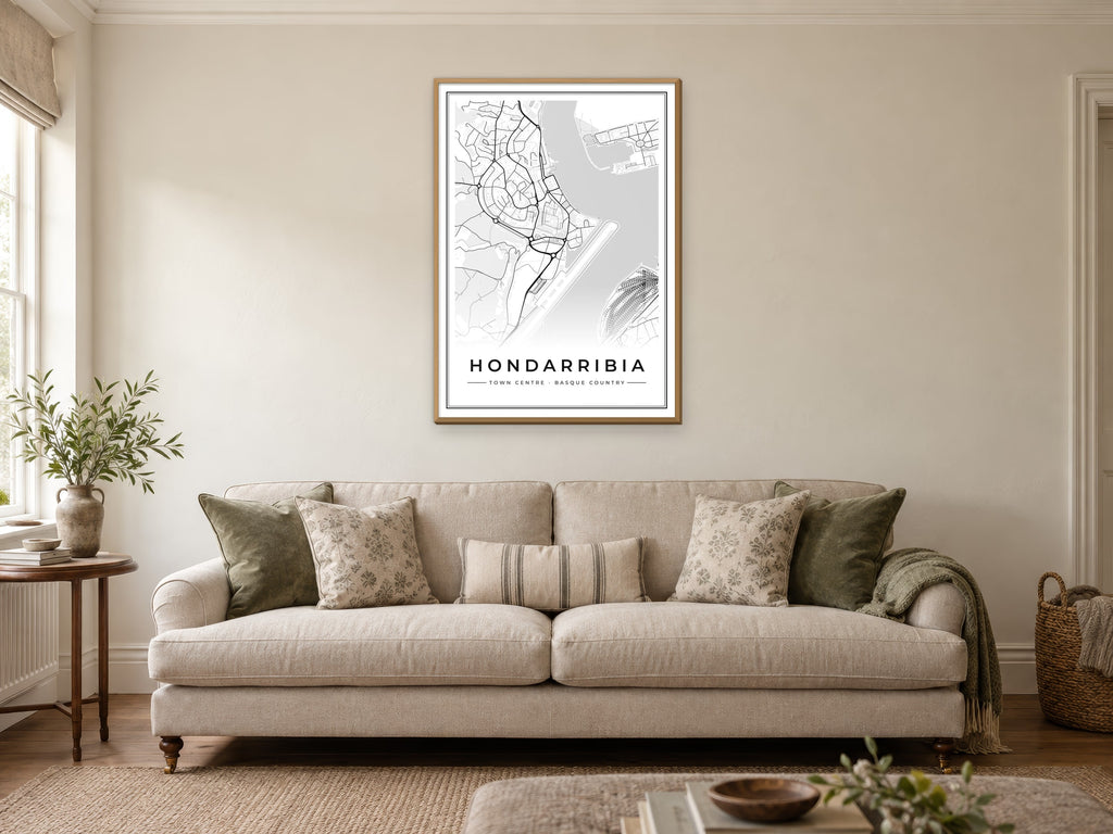Hondarribia Town Centre Street Map Poster at A1, in a natural wood frame, in a sitting room