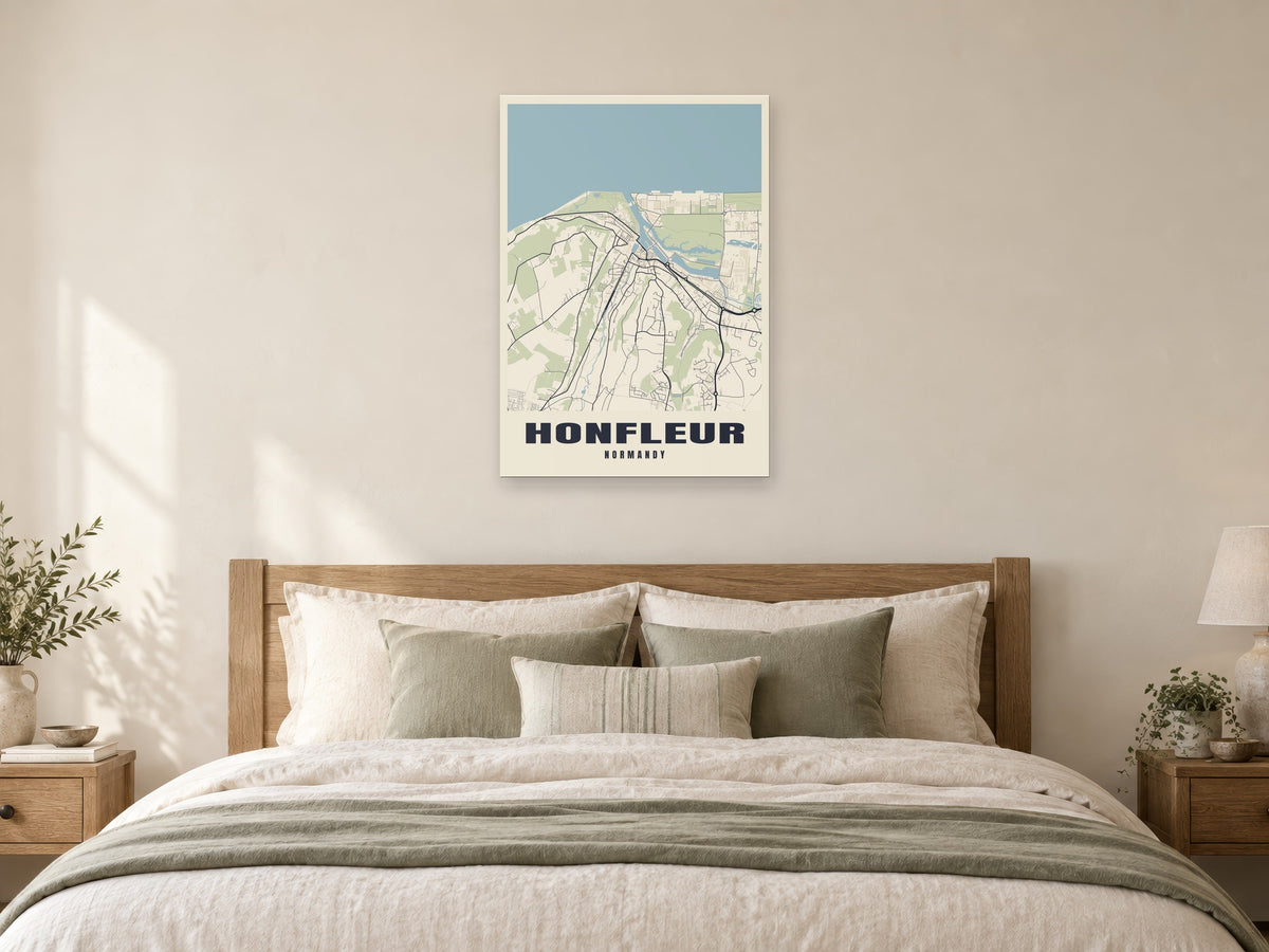 Honfleur Street Map Poster at A1, as a poster, above a bed