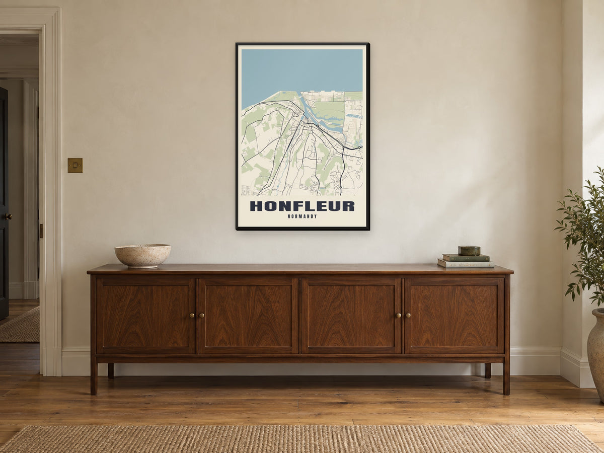 Honfleur Street Map Poster at A1, in a black frame, above a sideboard