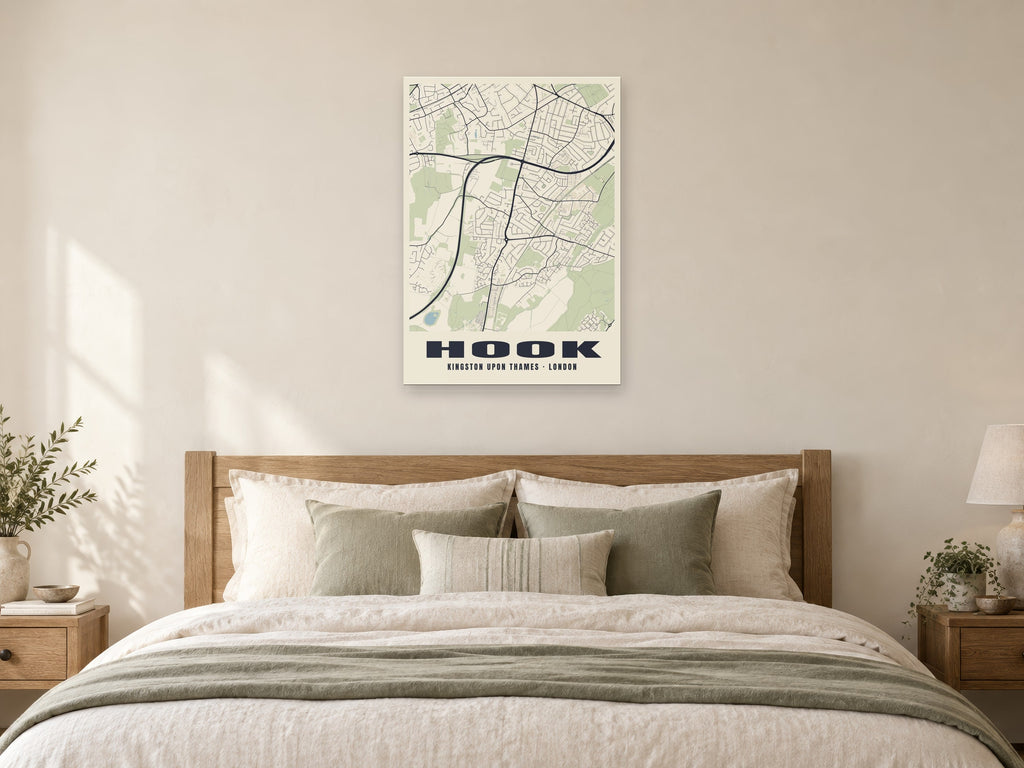 Hook Heritage Street Map Poster at A1, as a poster, above a bed
