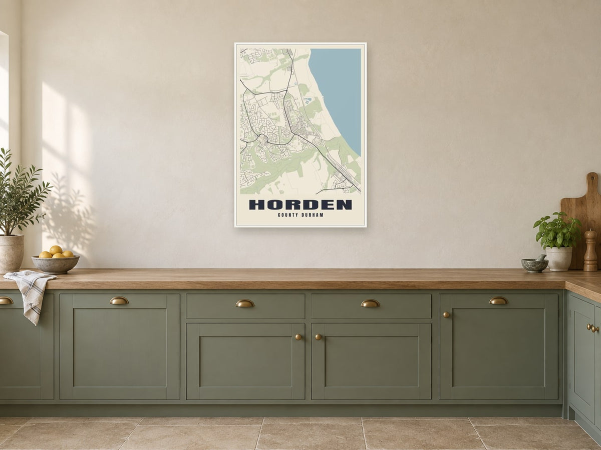 Horden Street Map Poster at A1, in a white frame, in a kitchen