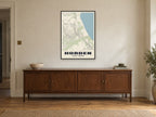 Horden Street Map Poster at A1, in a black frame, above a sideboard