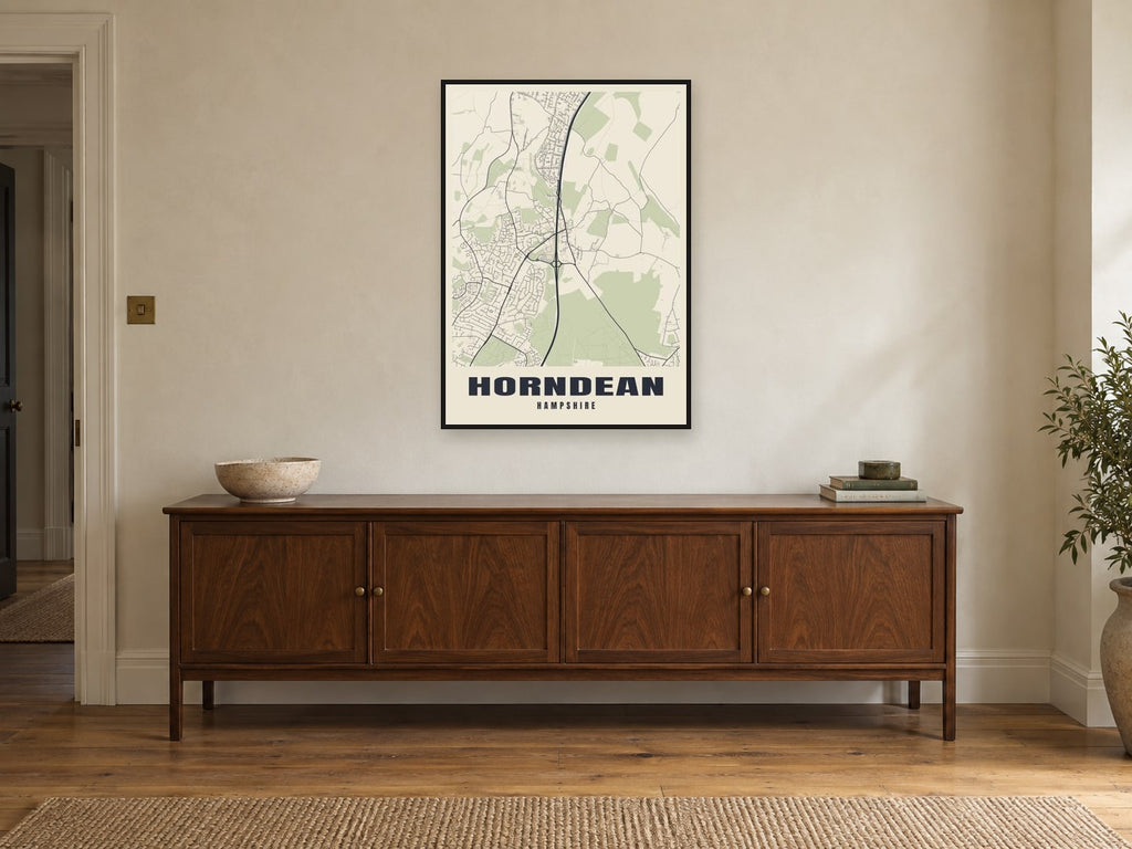 Horndean Street Map Poster at A1, in a black frame, above a sideboard