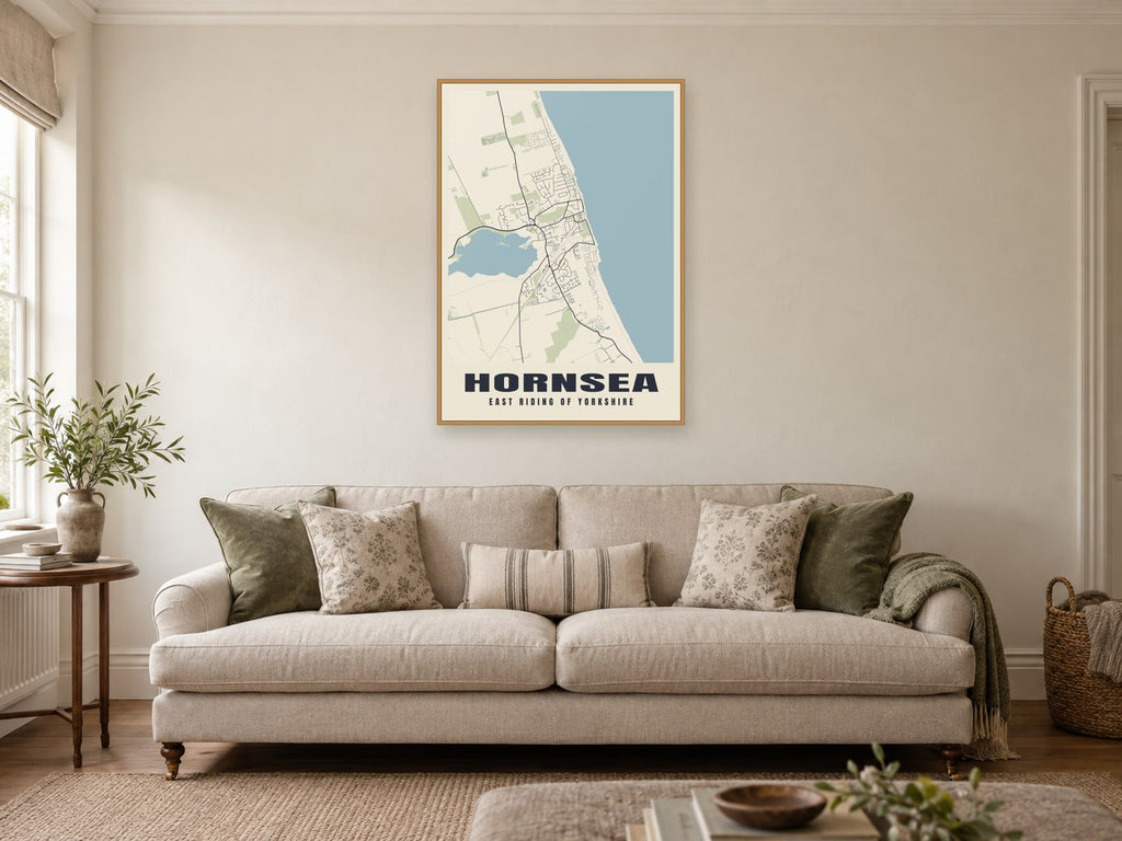 Hornsea Street Map Poster at A1, in a natural wood frame, in a sitting room