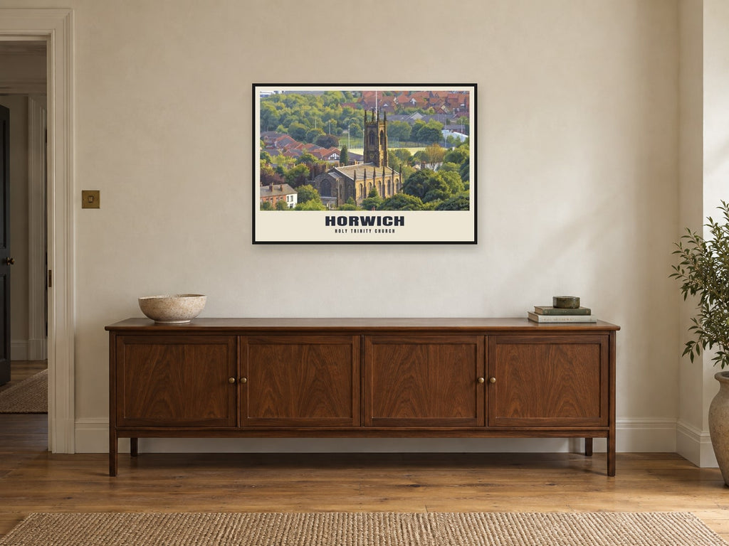 Holy Trinity Church, Horwich Poster at A1, in a black frame, above a sideboard
