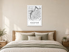 Houston Downtown Street Map Poster at A1, as a poster, above a bed
