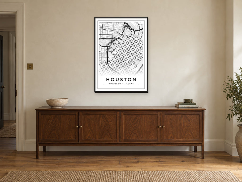 Houston Downtown Street Map Poster at A1, in a black frame, above a sideboard