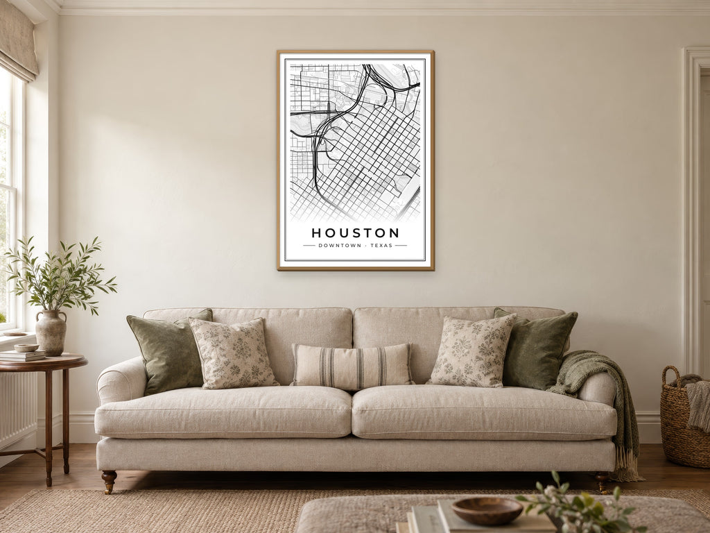 Houston Downtown Street Map Poster at A1, in a natural wood frame, in a sitting room