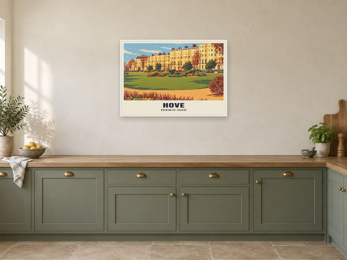 Brunswick Square, Hove Poster at A1, in a white frame, in a kitchen
