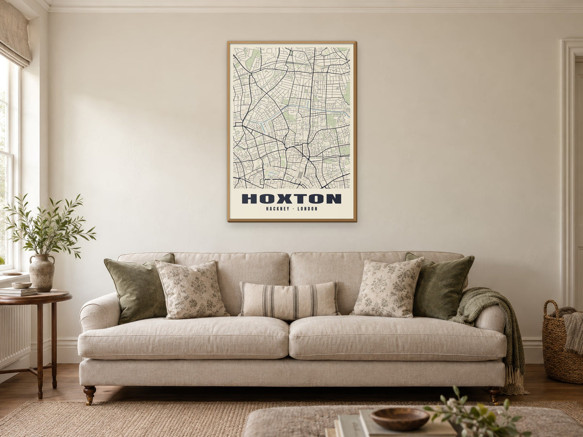 Hoxton Heritage Street Map Poster at A1, in a natural wood frame, in a sitting room