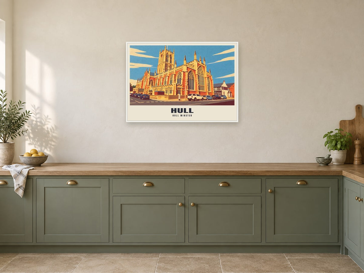 Hull Minster Poster at A1, in a white frame, in a kitchen