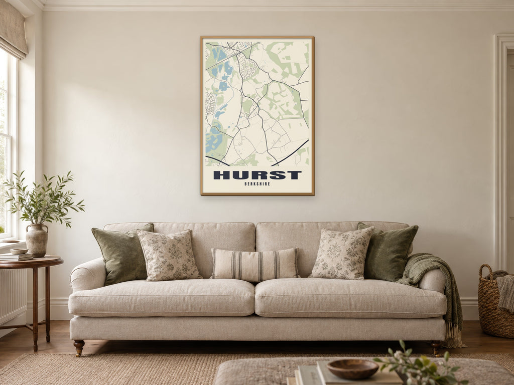 Hurst Street Map Poster at A1, in a natural wood frame, in a sitting room
