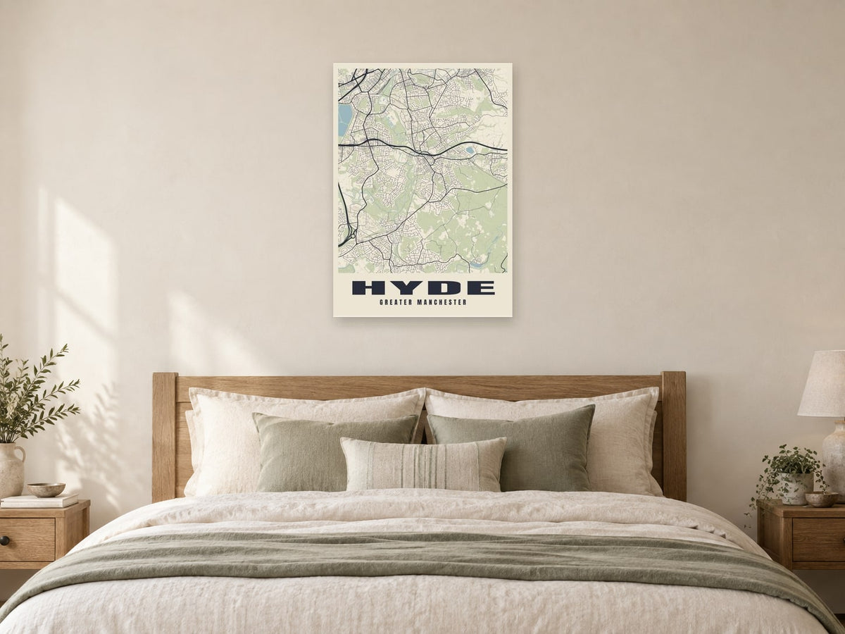 Hyde Street Map Poster at A1, as a poster, above a bed