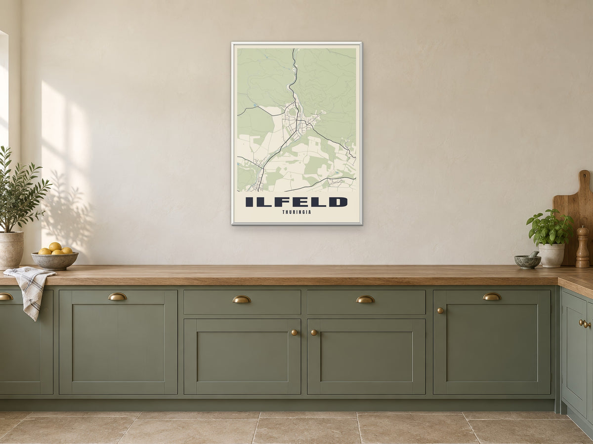 Ilfeld Street Map Poster at A1, in a white frame, in a kitchen