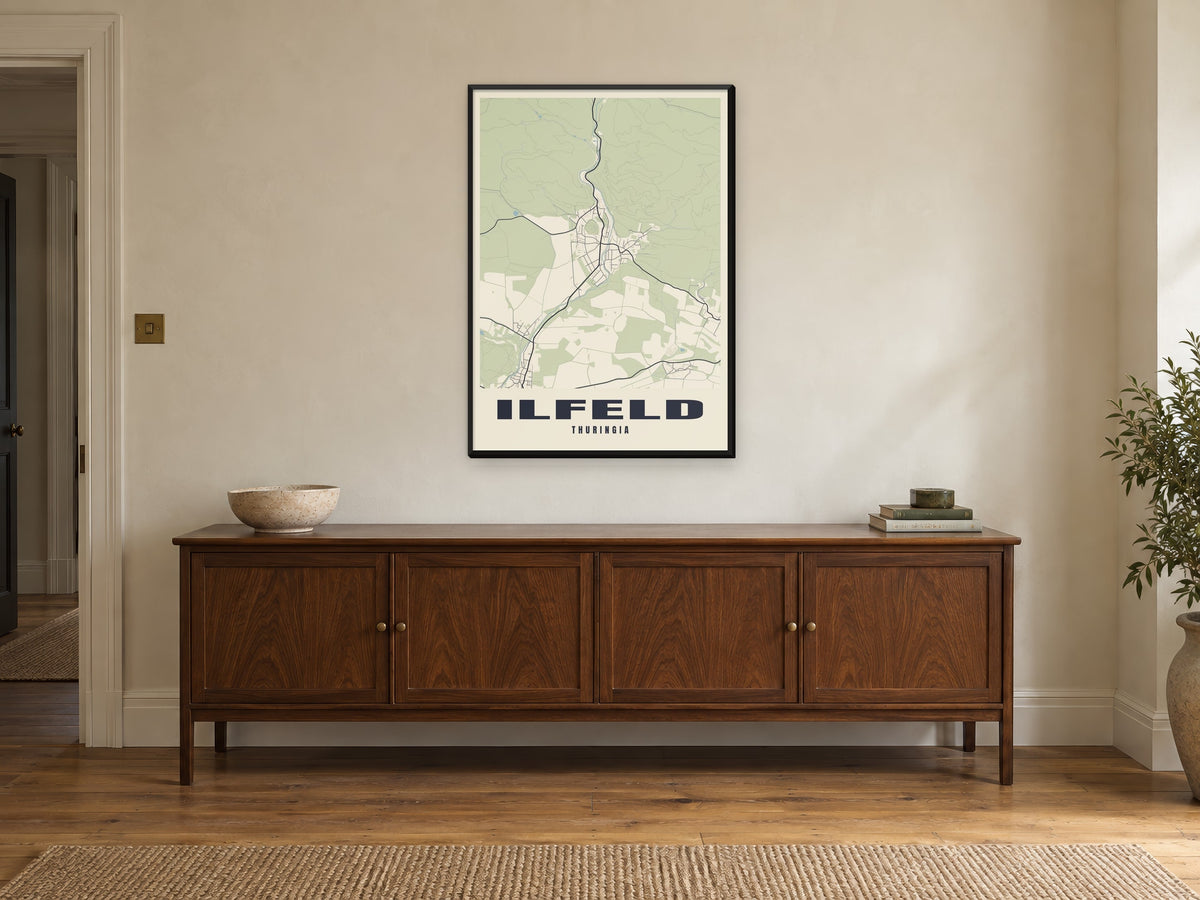 Ilfeld Street Map Poster at A1, in a black frame, above a sideboard