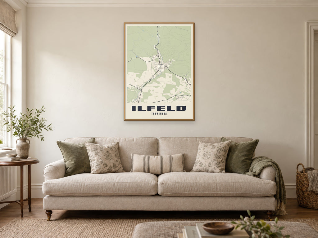 Ilfeld Street Map Poster at A1, in a natural wood frame, in a sitting room