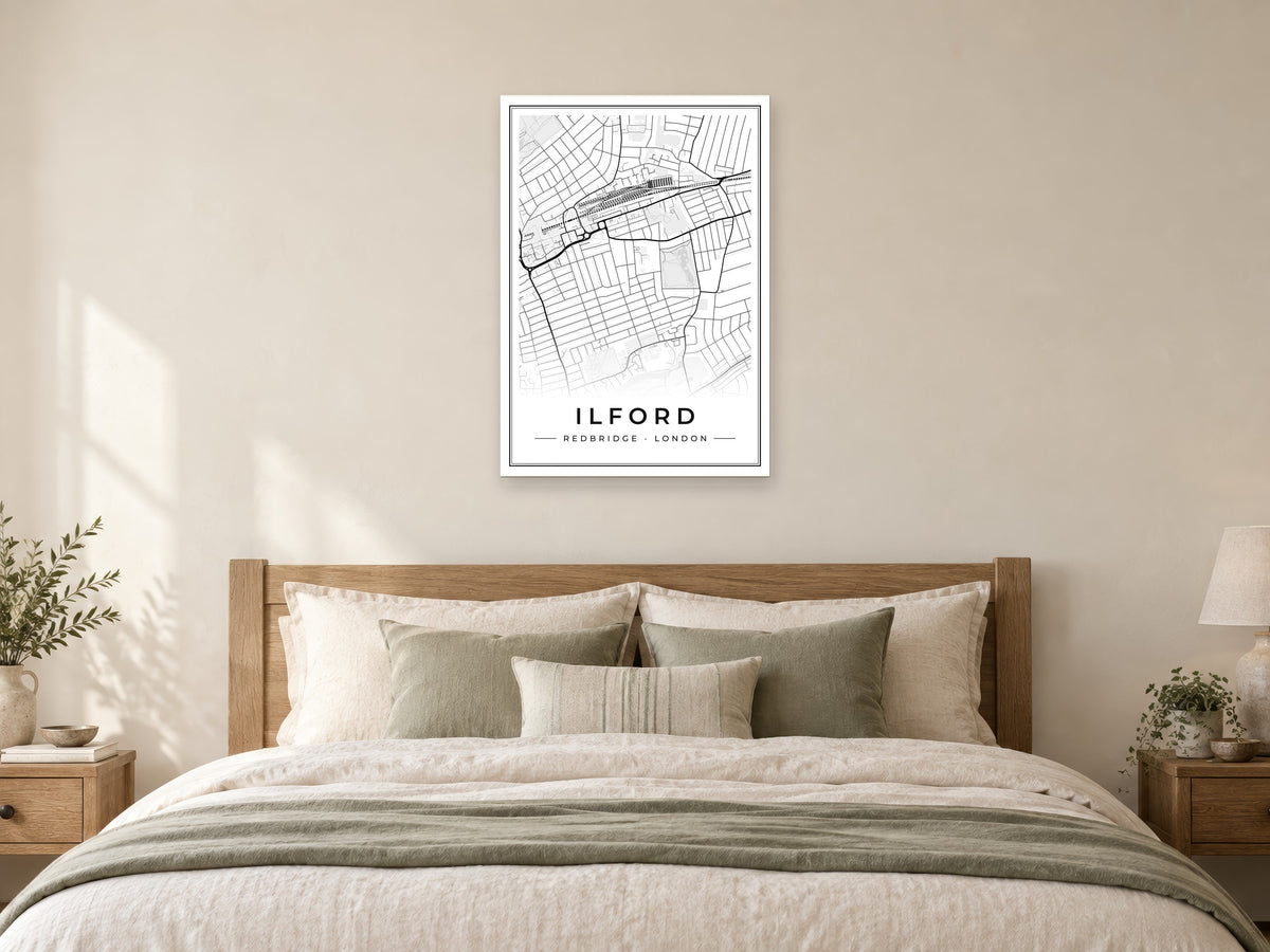 Ilford Street Map Poster at A1, as a poster, above a bed