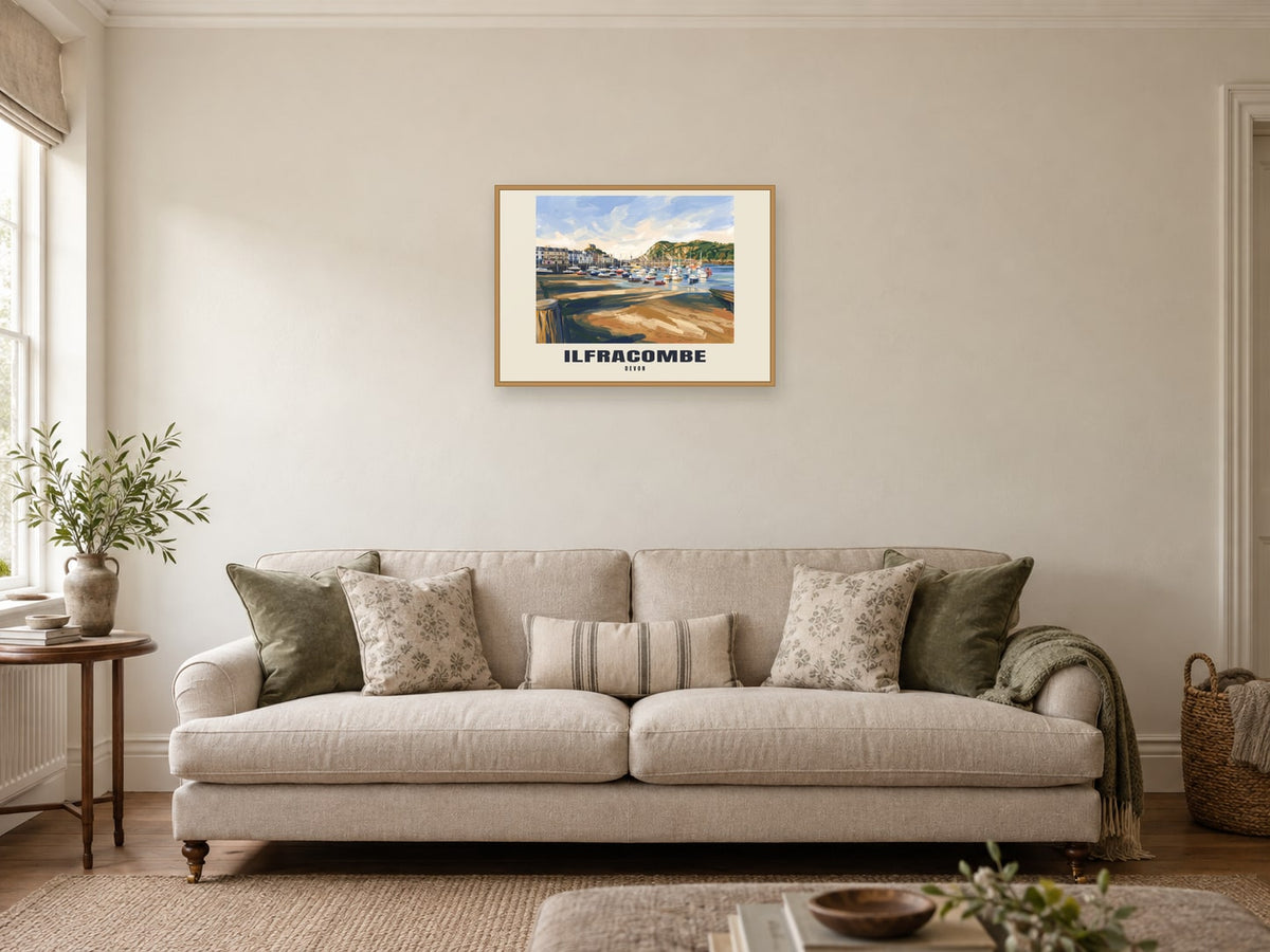 Ilfracombe named Gouache print at A2, in a natural wood frame, in a sitting room